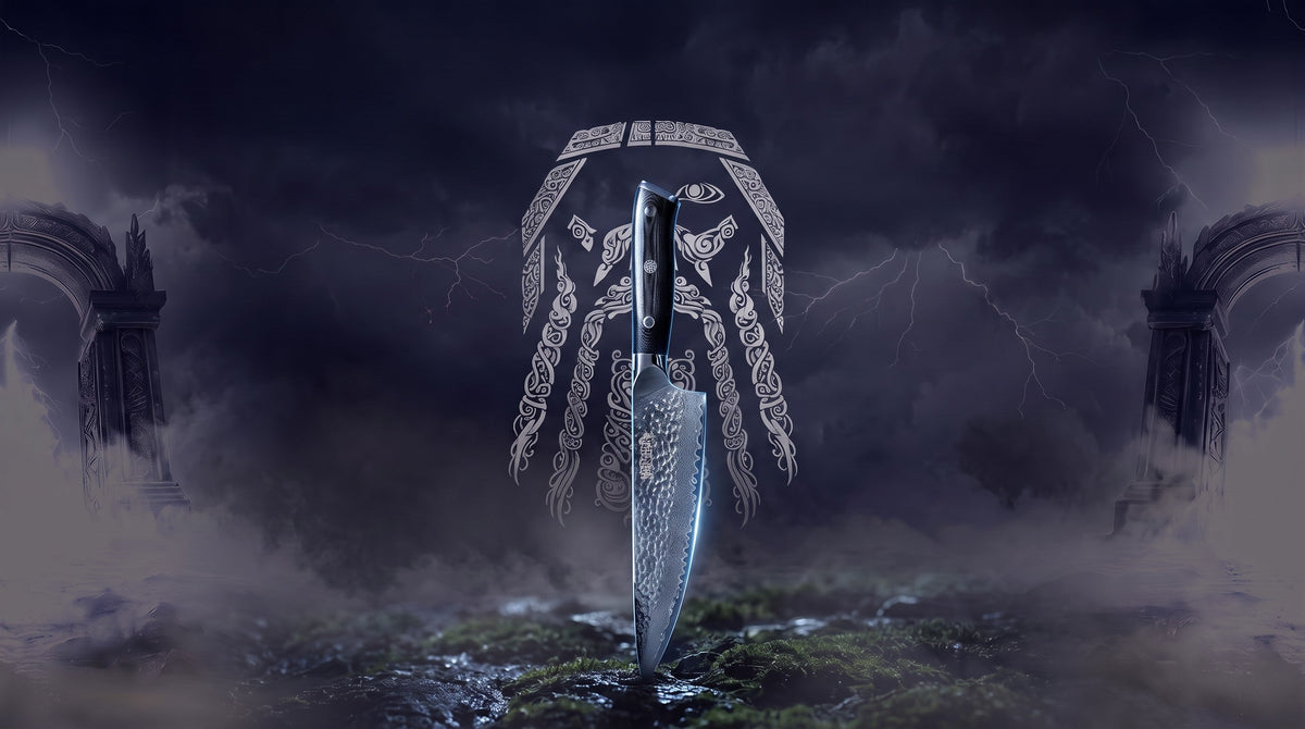 Odin-Linienzeichnung über einem stürmischen Nordhimmel
