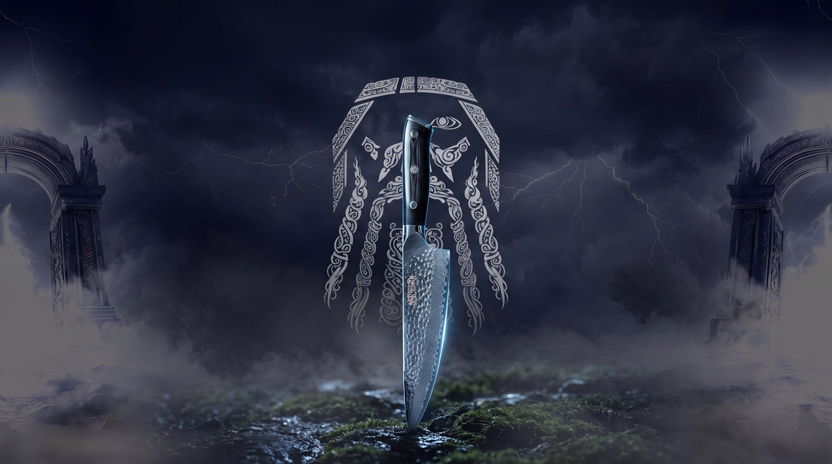 Odin-Linienzeichnung über einem stürmischen Nordhimmel