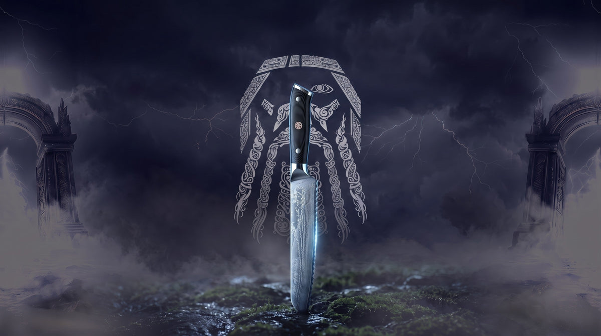 Odin-Linienzeichnung über einem stürmischen Nordhimmel