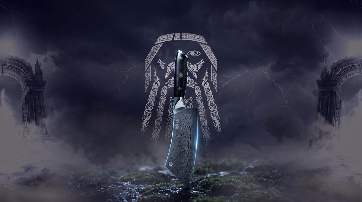 Odin-Linienzeichnung über einem stürmischen Nordhimmel